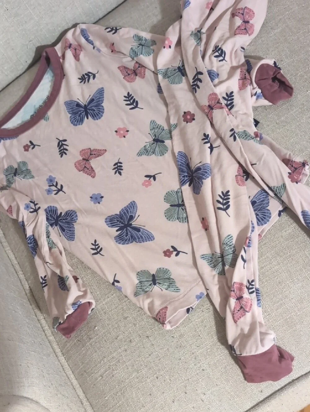 Girls' Pink Butterfly Pajama Set with Mauve Trim